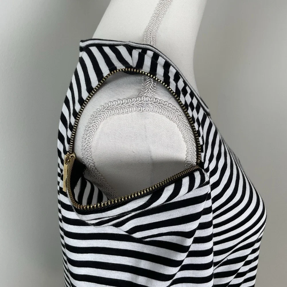 Michael Kors Womens Multi Striped Ruched Knit Zipped Shoulder 3/4 Sleeve Top LRG